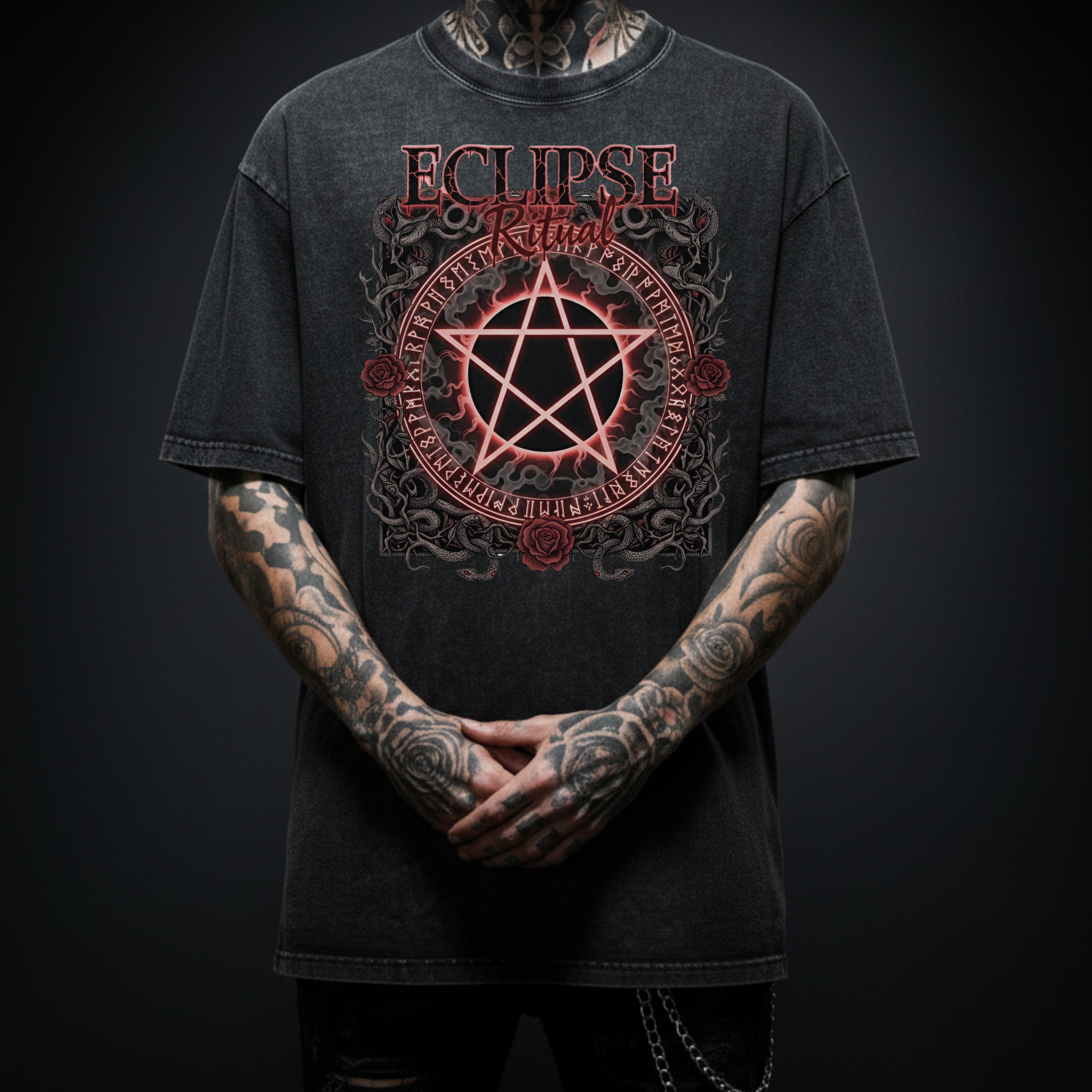 Dark Eclipse Oversized T Shirt Men | Washed Graphic Tee