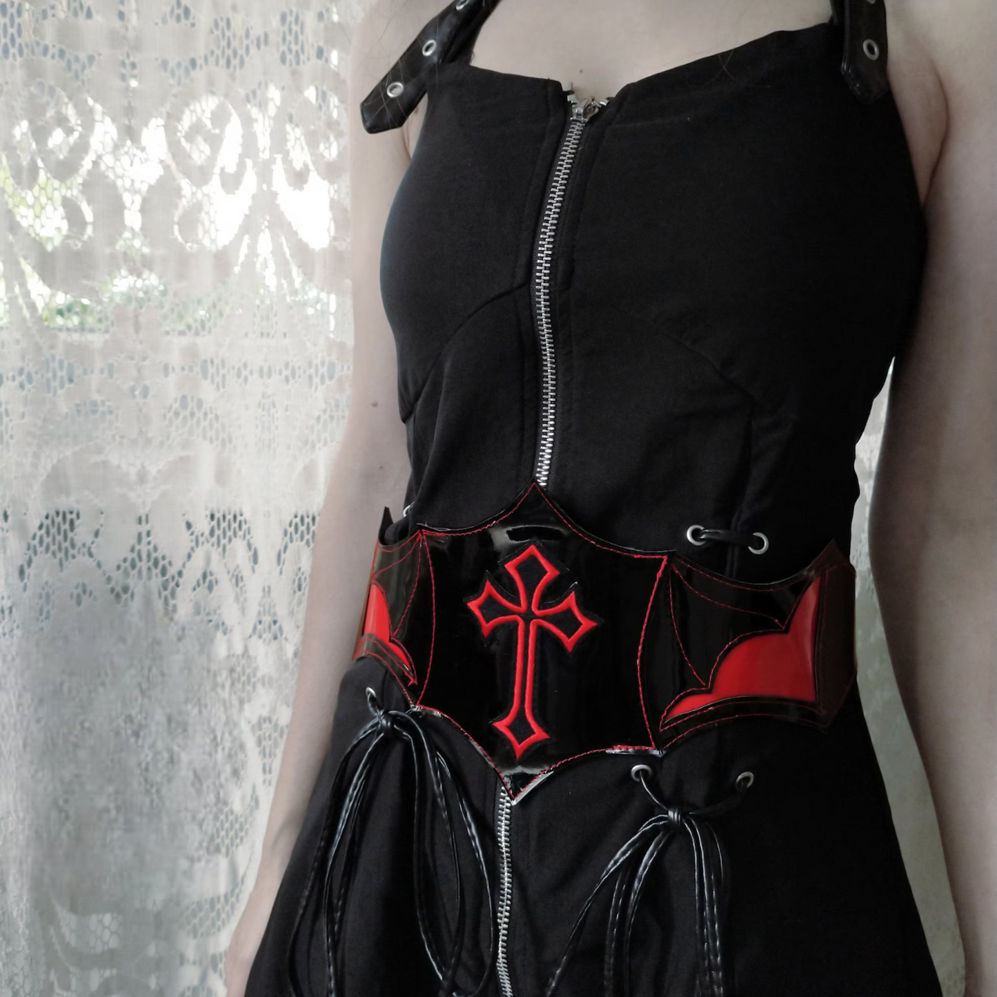 Bloodstained Elegance: Gothic Corset Belt with Red Cross