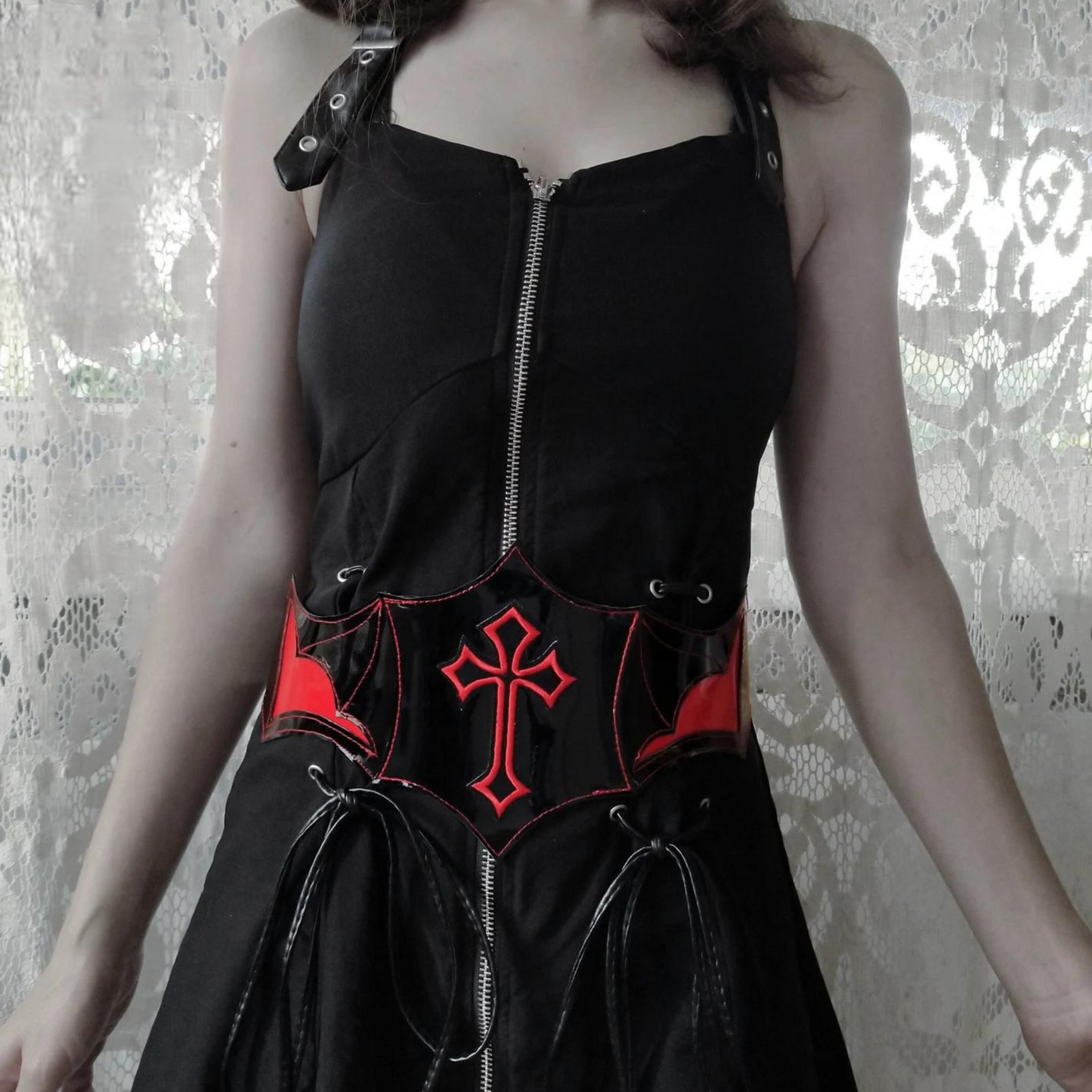 Bloodstained Elegance: Gothic Corset Belt with Red Cross