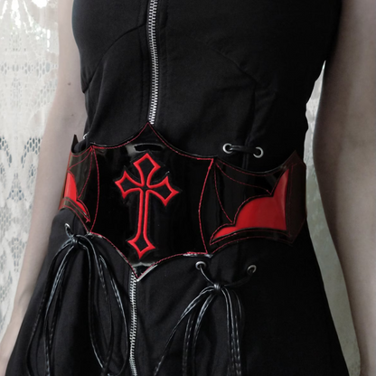 Bloodstained Elegance: Gothic Corset Belt with Red Cross